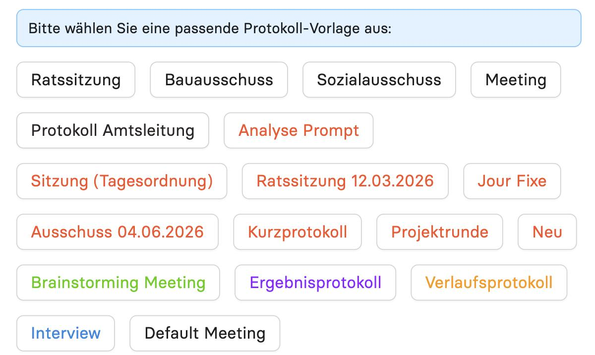 Vorlagenauswahl beim manuellen Hochladen einer Sitzung
