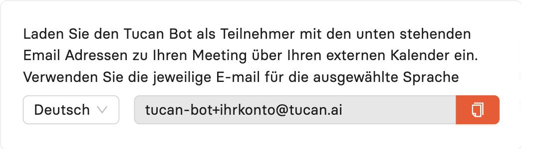 Bot-Einladungskarte im Tucan-Dashboard mit Sprachauswahl und Kopier-Button