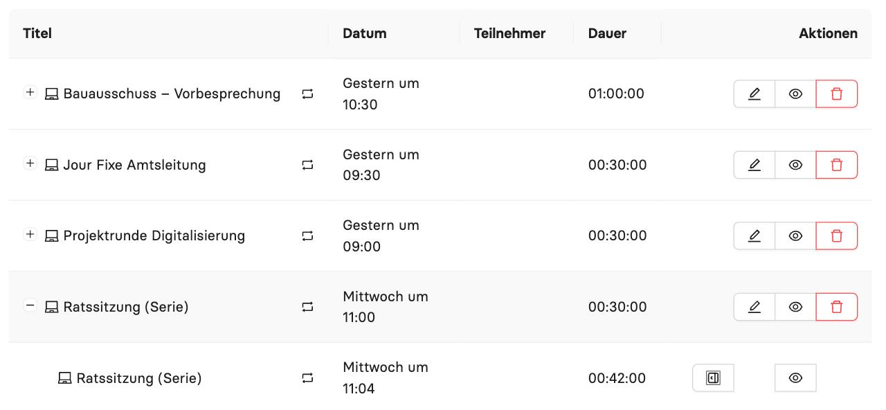 Meeting-Liste mit aufgeklapptem Serientermin