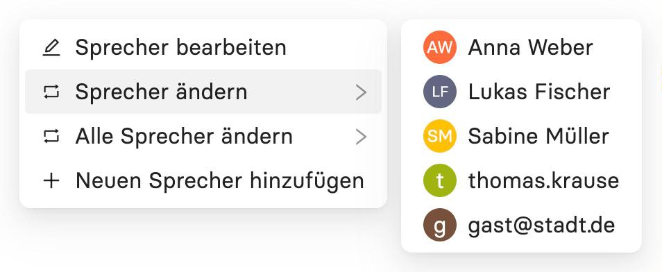 Kontextmenue am Transkriptblock zum Zuordnen und Aendern von Sprechern