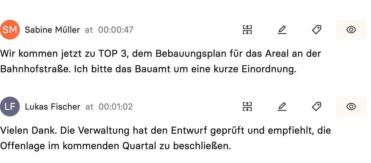 Transkriptblock mit Sprecher, Zeitstempel und Werkzeugleiste