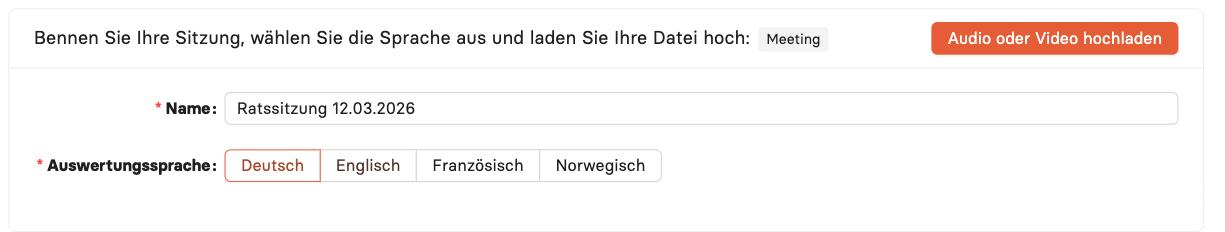 Upload-Formular mit Namensfeld und Auswahl der Auswertungssprache